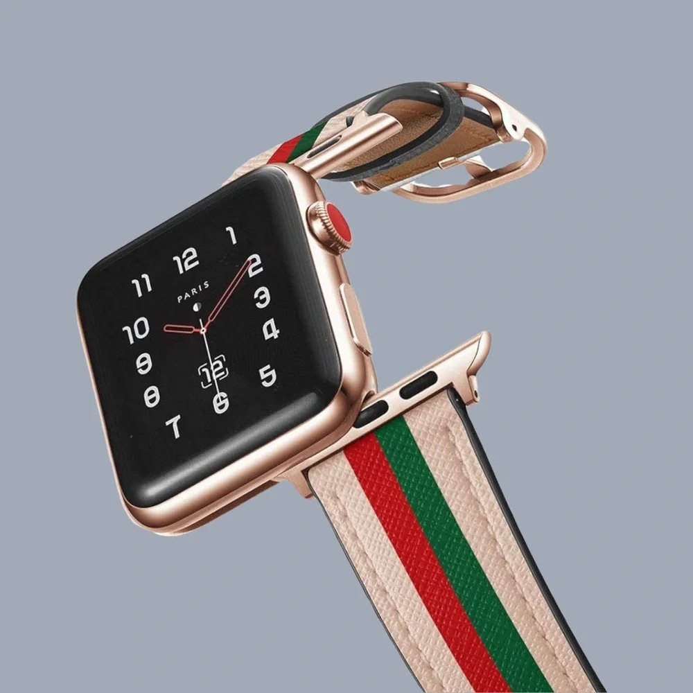 Leather Apple Watch Band – Red/Green Stripe – Fits 38–45mm - Picture 1 of 7